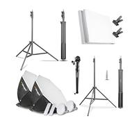 Walimex Pro Juego de Estudio fotográfico prémium con 2 trípodes de lámpara con 2 LED de 45 W, Octagon de 65 cm de diámetro, Color Bicolor, Sistema de Fondo telescópico Completo, 120 - 307 cm, con