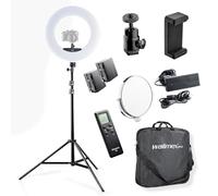 Walimex pro Medow 960 Pro Aro de luz LED Set con trípode y baterías NP-F, Anillo Bi-Color 3200-5500 K, luz de vídeo Regulable con Mando a Distancia 96 W, trípode con amortiguación por Resorte