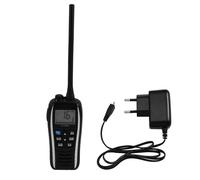 Walkie-talkie IC-M25, radio portátil flotante VHF impermeable para uso marítimo, pantalla LCD y enchufe europeo.