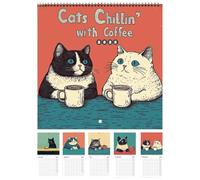 Wall Calendar 2024-2025, Cats Chillin with Coffee Wall Calendar 2025, 12 Month Family Calendar with Cat Illustrations, Double Spiral Bound Planner Organizer Calendar, Perfect for Organizing at Home