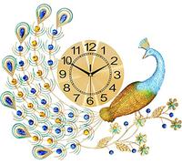 Wall Clock Luxury Personality, Oversized Peacock Wall Clock, Luxury Rhinestones And 3D Peacock European Cristal Living Room Decoration, 70X65Cm, LJJY-KK