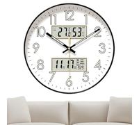Wall Clock Non Ticking, Silent Round Glow in the Dark, Large Digital Displays, Night Light Walls Clocks with Temperature, Humidity Display for Bedroom, Office, Home Decoration, 31.3/28.1/5.7 Inches