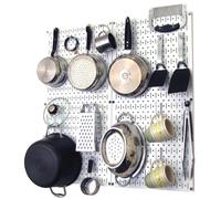 Wall Control Organizador de tablero de clavijas de cocina, juego de organización de ollas y sartenes con tablero de clavijas blanco y accesorios blancos