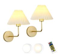 Wall Light Wall Sconces Set of Two Operated LED Wireless Wall Light with Pleated White Shade Rechargeable Bedside Wall Lamp Dimmable for Bedroom Living Room Hallway (Color