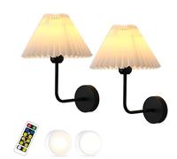 Wall Light Wall Sconces Set of Two Operated LED Wireless Wall Light with Pleated White Shade Rechargeable Bedside Wall Lamp Dimmable for Bedroom Living Room Hallway (Color