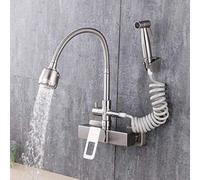 Wall Mount Faucet 304 Stainless Steel, Wall Mount Kitchen faucets, Sink Basin Laundry Pool, in-Wall Installation, Hot and Cold Water Mixing, Spray Pull-out Faucet-A-Swing Mouth with Spray Gun