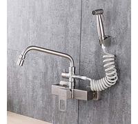Wall Mount Faucet 304 Stainless Steel, Wall Mount Kitchen faucets, Sink Basin Laundry Pool, in-Wall Installation, Hot and Cold Water Mixing, Spray Pull-out Faucet-A-Swing Mouth with Spray Gun