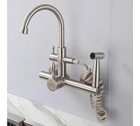 Wall Mount Kitchen faucets, Multi-Function Pull-out Spray Gun, 304 Stainless Steel, Wall-Mounted, Hot and Cold Water Faucet, Sink Sink Sink Laundry Pool-Large Curved Tube Single Water