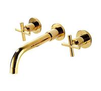 Wall Mounted Bathroom Basin Tap, Brass Basin Mixer Tap, 360° Swivel, Cross Handle, Three-Hole Wall-Mounted Basin Faucet, Gold