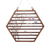 Wall Mounted Jewelry Holder - Wooden Earring Display Frame, Rustic Organizer Rack | Artistic Moon Hexagon Panel with Dressing Room Scenario, Elegant Storage Hanger for Ladies Girls Fashion Accessory A