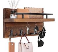Wall Mounted Key Holder - Entryway Mail Organizer Shelf for Glasses | 12.5 x 7.08 x 4.7 Inch | Key Holder for Wall Wooden | Floating Mail Storage Shelf, 5 Metal Hooks for Entryway, Foyer