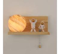 Wall Mounted Sconce Planet Design Home Art Decor, Wooden Wall Light with Globe Glass Lamp Shade Pull Chain, Cartoon Wall Sconce Lighting Fixture for Bedroom Kids Room/Orange Left