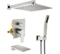 Wall Mounted Shower System, with Waterfall Tub Spout and Handheld Shower Head, 12" Rain Brass Shower Faucet Set Complete for Bathroom Rough-in Valve Body and Trim Included,Brushed