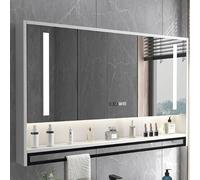 Wall Mounted Smart Medicine Cabinet LED Vanity Mirror with Defogger & Stepless Dimming Bathroom Storage with Time Display Perfect for Makeup & Grooming.