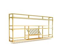 Wall Mounted Wine Rack with LED Light, Bar Unit Floating Metal Shelves with Glass Holder, Modern Liquor Bottles Display Shelf, For Home, Restaurant, Bars Decoration(Gold,150x25x90cm)