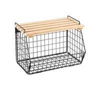 Wall Mounted Wire Basket - Heavy Duty Wire Organizing Bin, Stackable Under Sink Iron with Wood Lid, Rustic Farmhouse Produce Bin for Potatoes and Onions, Ventilated Fruit Basket, for Kitchen Pantry