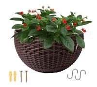 Wall Plant Container - Suspending Rustic Faux Rattan Holder, No Drill Plant Basket,Half Circle Pot | Sturdy Mounting Hooks, Small Flowers Greenery Indoor Outdoor Garden Balcony Railing Windowsill Unit