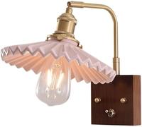 Wall Sconces Indoor, Japanese Walnut Wall Lamp, Ceramic Lampshade Wall Light Fixtures, French All-Copper Lamp(Pink)