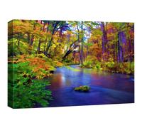 wall26 Canvas Print Wall Art Multicolor Autumn Forest with Blue River Floral Nature Illustrations Realism Bohemian Scenic Relax/Calm Cool fo