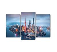 WALLERO Cuadro en Lienzo en Varias Partes Panorama de Shanghai de noche - Decoración Mural Moderna e Impresión Artística | Cuadro para Salón, Dormitorio, Cocina, Recibidor 180x120