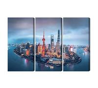 WALLERO Cuadro en Lienzo en Varias Partes Panorama de Shanghai de noche - Decoración Mural Moderna e Impresión Artística | Cuadro para Salón, Dormitorio, Cocina, Recibidor 180x120