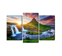 WALLERO Cuadro en Lienzo en Varias Partes Vista de cascada Kirkjufellsfoss - Decoración Mural Moderna e Impresión Artística | Cuadro para Salón, Dormitorio, Cocina, Recibidor 120x80