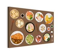 WALLERO Cuadro en lienzo Japonés Banquete sobre Marrón Fondo - Decoración de pared moderna e impresión artística | Cuadro para salón dormitorio cocina recibidor 75x50
