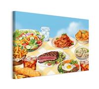 WALLERO Cuadro en lienzo Terraza Banquete con Pasta - Decoración de pared moderna e impresión artística | Cuadro para salón dormitorio cocina recibidor 100x70