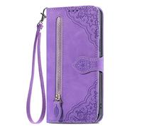 Wallet Zipper Case for itel A60S Wallet Embossed Folding Phone Cases Covers [with Lanyard Strap] Credit Card/Cash Holder Slots Pouch Protective Flip Case for itel A60S,Purple