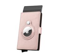 WALLFID AirTag Wallet Portatarjetas de crédito para Hombres, Cartera de Cuero para Tarjetas RFID Bloqueo Pop Up Metal Bank Card Case.(Rosa Brillante)