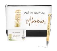 WALLFID Set de regalo de despedida 3 piezas - Neceser con frase, bolígrafo, llavero ángel de la guarda y tarjeta, pequeño regalo para cambio de trabajo y jubilación (Aventura)