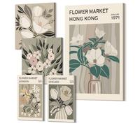 Wallfluent Arte en Lienzo 30x30 cm x 30x20 cm x 60x40 cm Set Tríptico Polycanvas - Decoración de Pared para Salón y Dormitorio - Carteles florales, ilustraciones de Londres y Hong Kong