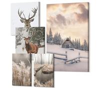 Wallfluent Arte en Lienzo 30x30 cm x 30x20 cm x 60x40 cm Set Tríptico Polycanvas - Decoración de Pared para Salón y Dormitorio - Paisaje invernal con una cabaña de ciervos y un arroyo.