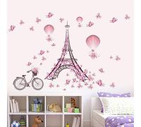 Wallpark Romántico Rosa Mariposa París Torre Eiffel Flor Globo aerostático Desmontable Pegatinas de Pared Etiqueta de la Pared, Bebé Niños Hogar Infantiles Dormitorio Vivero DIY Decorativas Murales
