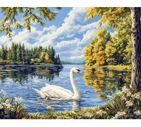 Wallphantom Animal cisne blanco Kit de Gancho DIY Alfombra,Paisaje del bosque del lago,Kit de Tejer con Gancho cojín de sofá Alfombra,Needlework Crafts Rug for Home Decor,52x38cm