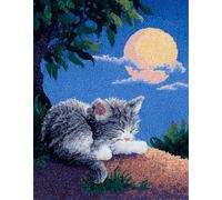 Wallphantom Animal Gato Kit de Alfombras con Gancho de Pestillo,Gato durmiendo bajo la luna,3D Latch Hook Manualidades Kits DIY Punto de Cruz Fabricación para Adultos Decoración del Hogar,90x120cm