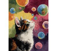 Wallphantom animal Kit de Alfombras con Gancho de Pestillo,Gato y burbujas de colores,3D Latch Hook Manualidades Kits DIY Punto de Cruz Fabricación para Adultos Decoración del Hogar,52x38cm