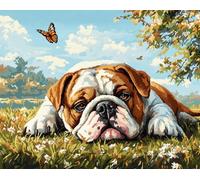 Wallphantom Bulldog inglés DIY Latch Hook Rug Kit,Pradera de perros y mariposas,Pattern Printed Canvas DIY Embroidery Home Decor,Handmade Needlework Crafts for Adults Beginners,55x75cm