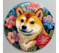 Wallphantom DIY Alfombras Kits De Ganchillo,Perro Akita en los arbustos de flores,Kit De Ganchillo Para Principiantes,set De Lona Para Hacer Alfombras Para El Hogar,50x50cm