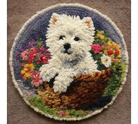 Wallphantom DIY Alfombras Kits De Ganchillo,Perro terrier blanco Sigou en una cesta de flores,Kit De Ganchillo Para Principiantes,set De Lona Para Hacer Alfombras Para El Hogar,50x50cm