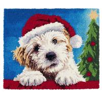 Wallphantom DIY Alfombras Kits De Ganchillo,Un perro con un gorro de Papá Noel,Kit De Ganchillo Para Principiantes,set De Lona Para Hacer Alfombras Para El Hogar,52x38cm