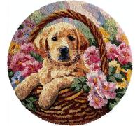 Wallphantom Diy Kit Gancho De Pestillo,Labrador Retriever en la cesta de flores,Latch Hook Rug Kits,Kit De Ganchillo Para Principiantes,Fabricación De Alfombras,50x50cm