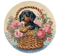 Wallphantom Diy Kit Gancho De Pestillo,Perro salchicha en la cesta de flores,Latch Hook Rug Kits,Kit De Ganchillo Para Principiantes,Fabricación De Alfombras,50x50cm