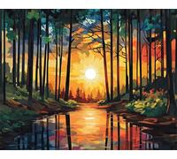 Wallphantom Estilo de vidriera Pintar por Numeros Adultos,Paisaje de atardecer en el bosque,Cuadros para Pintar por Numeros,DIY Pintura por Números,Kit de Pintura al óleo de Lienzo,40x50cm con marco