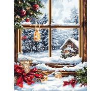 Wallphantom invierno Kit de Gancho DIY Alfombra,Escena de nieve en el alféizar de la ventana de Navidad,Kit de Tejer con Gancho cojín de sofá Alfombra,Needlework Crafts Rug for Home Decor,90x120cm