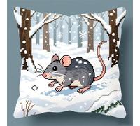 Wallphantom Kit Completo de Cojines de Punto de Cruz,Ratón en el bosque nevado,Cross Stitch Pre-Impresa DIY Kit de Manualidades Decorativa para Principiantes,45x45cm