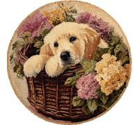 Wallphantom Kit de Alfombras con Gancho de Pestillo,Golden Retriever en la cesta de flores,3D Latch Hook Manualidades Kits DIY Punto de Cruz Fabricación para Adultos Decoración del Hogar,50x50cm