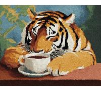 Wallphantom Kit de Gancho DIY Alfombra,El tigre bebedor de café,Kit de Tejer con Gancho cojín de sofá Alfombra,Needlework Crafts Rug for Home Decor,52x38cm