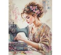 Wallphantom Kit De Punto De Cruz De Fácil Conteo DIY,Mujer y máquina de coser retro,Kits de Bordado Pre-Impresa DIY Kit de Manualidades Decorativa para Principiantes,40x50cm