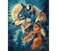 Wallphantom kit pintura por numeros adultos,Lobos y mujeres indias,Kit de pintura al óleo para principiantes y adultos,Navidad,cumpleaños,kit de regalo,40x50cm con marco